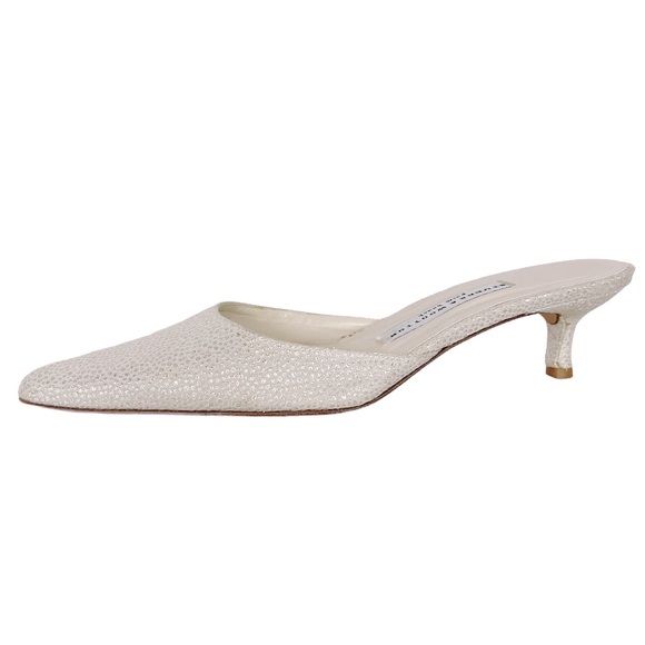 STUBBS & WOOTTON Metallic Silver White Point Toe Mule Kitten Heel
